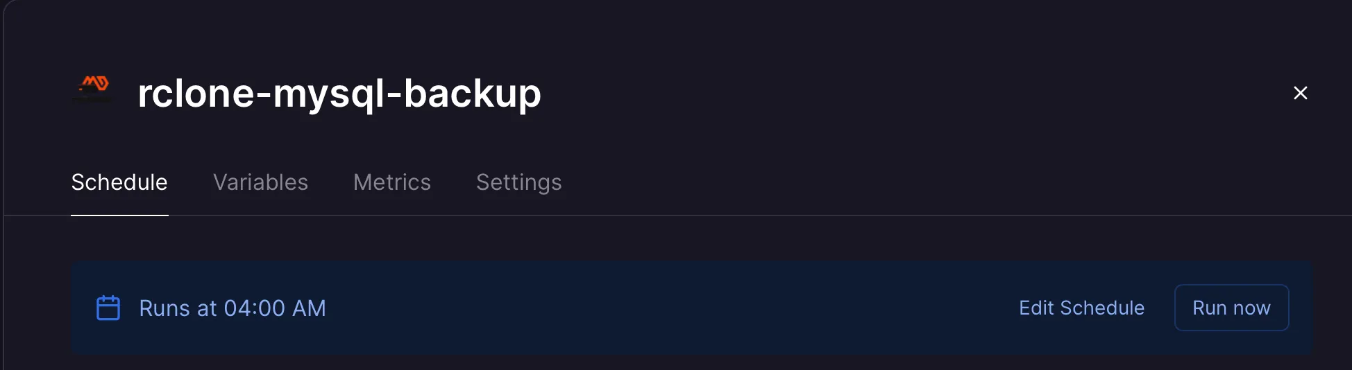 
A screenshot of the Railway dashboard showing the "rclone-mysql-backup" service.
The service will next run at 4am.
There are two buttons: "Edit Schedule" and "Run Now".
